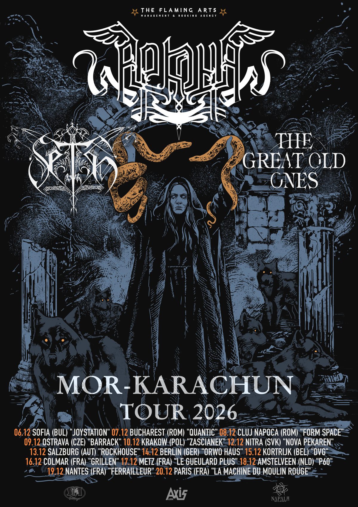 Tour poster: a hooded figure crowned with amber serpents standing among ancient ruins